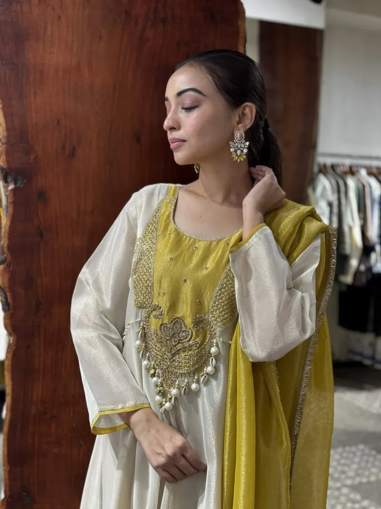 Off White Tissue A-Line Kurta Pant Set with Dupatta