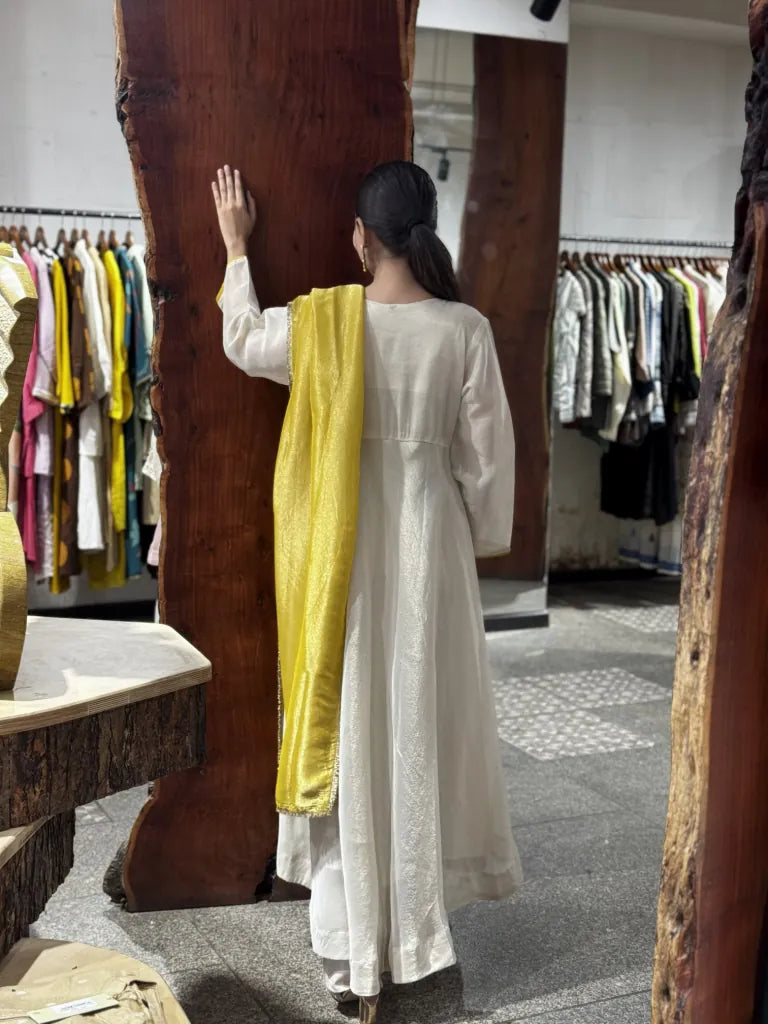 Off White Tissue A-Line Kurta Pant Set with Dupatta