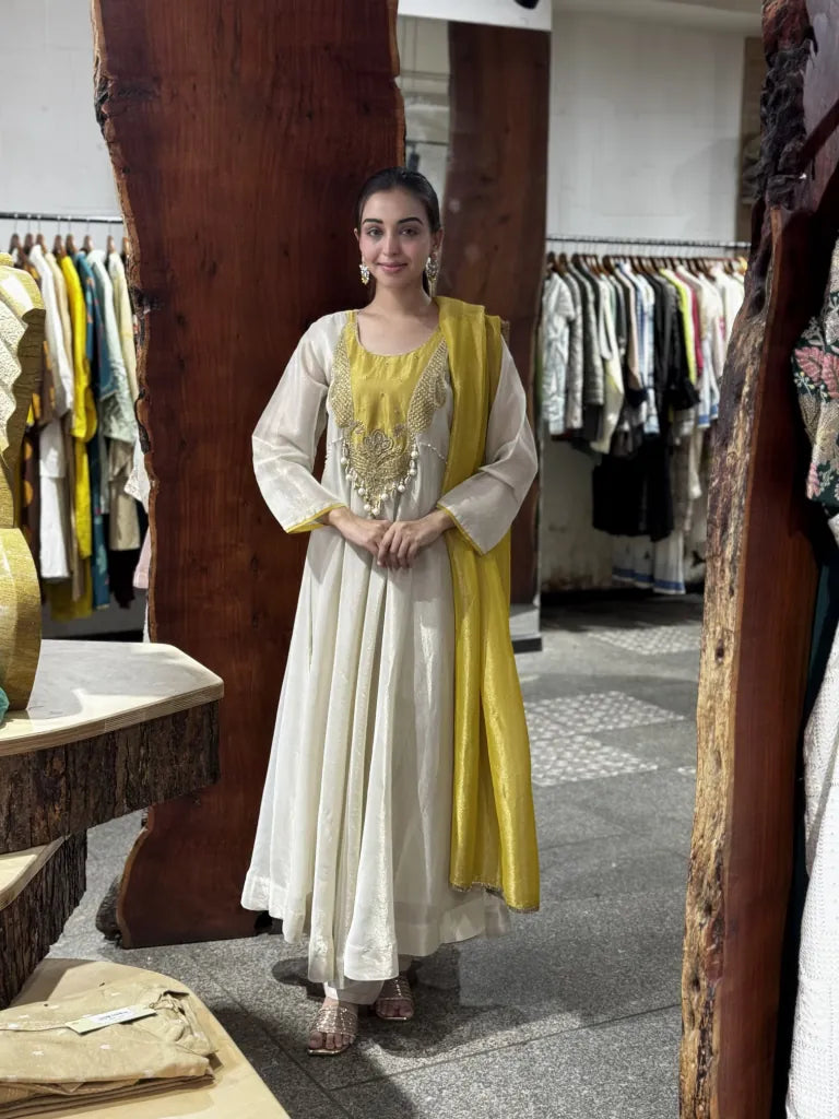 Off White Tissue A-Line Kurta Pant Set with Dupatta