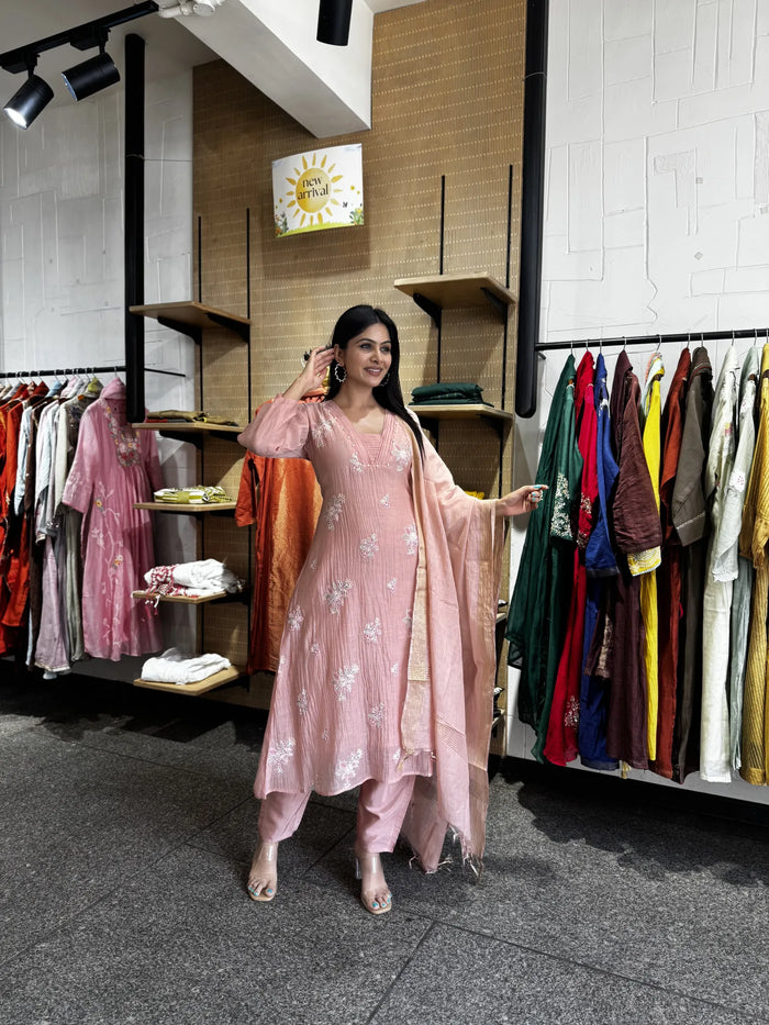 Onion Pink Mul Chanderi A-Line Kurta Set with Dupatta