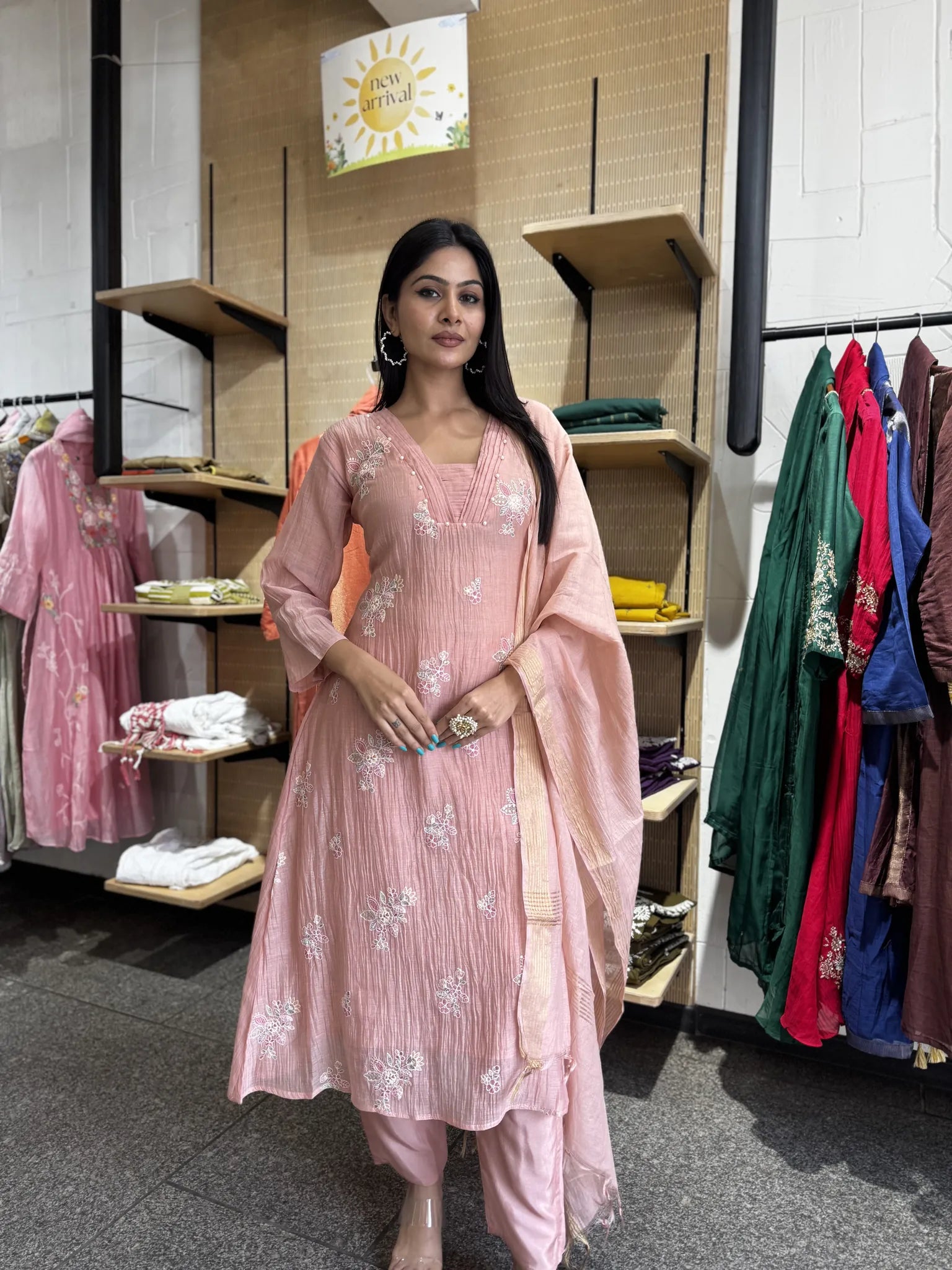 Onion Pink Mul Chanderi A-Line Kurta Set with Dupatta
