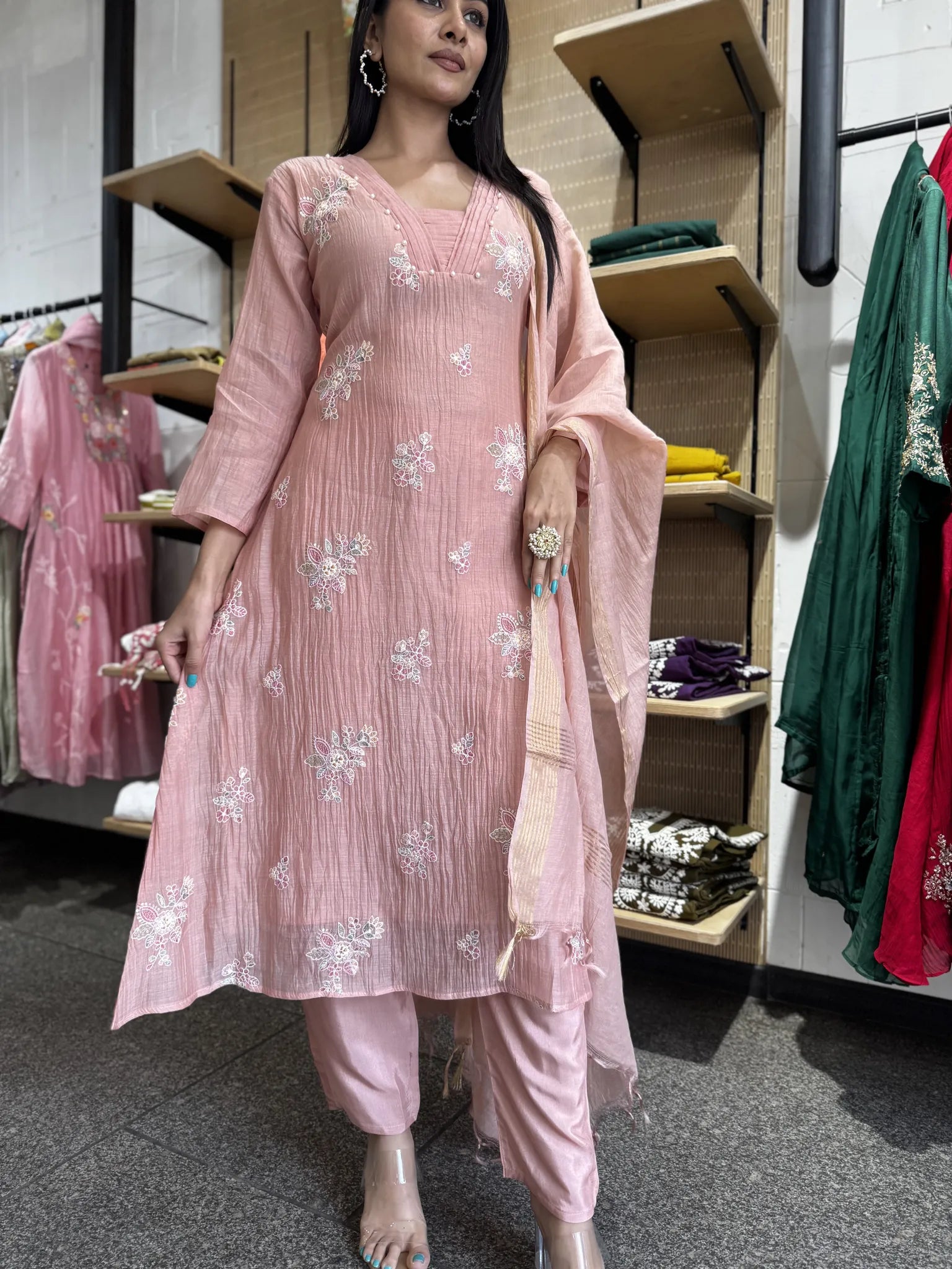 Onion Pink Mul Chanderi A-Line Kurta Set with Dupatta
