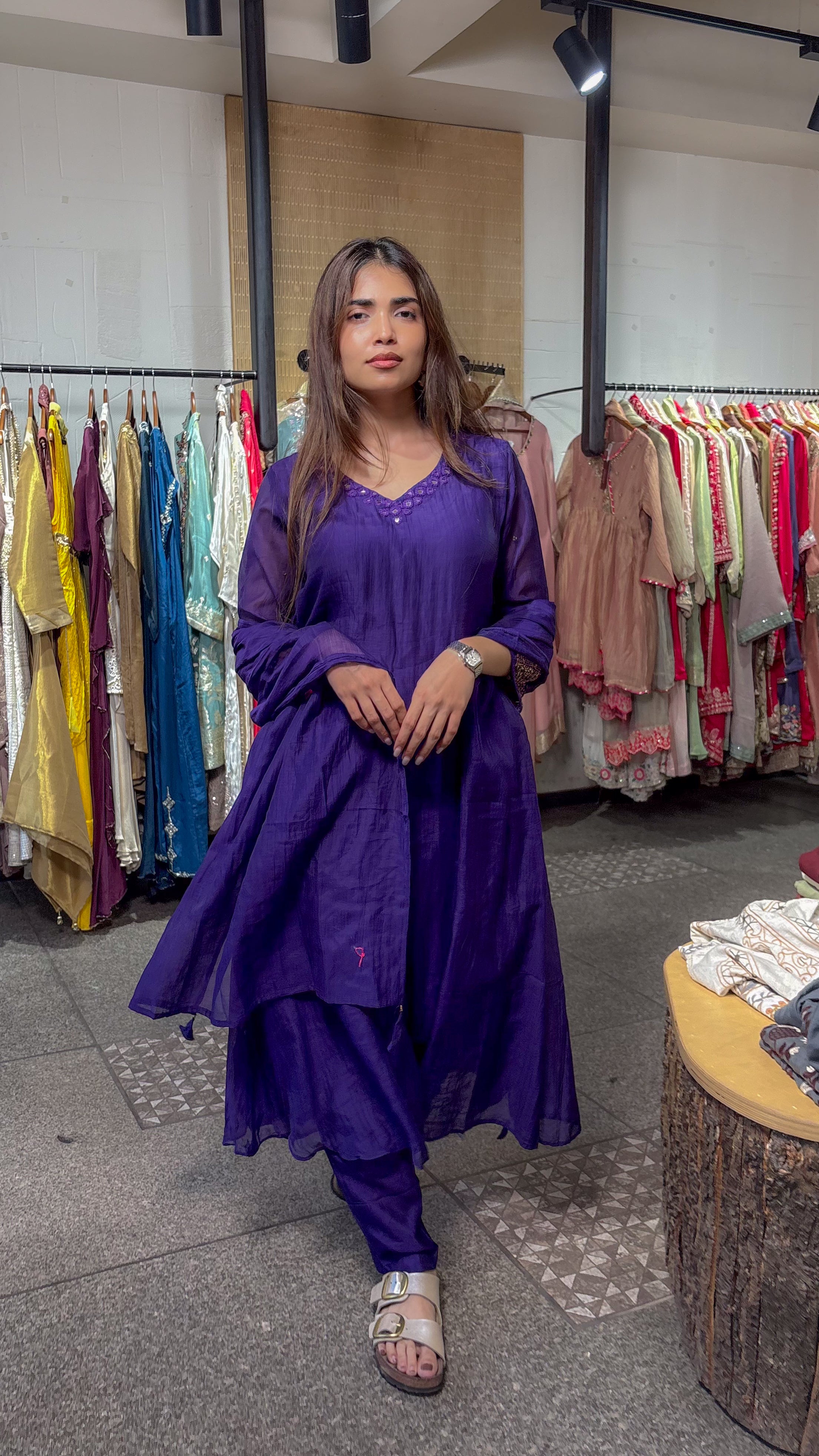 Full-length view of the violet mul chanderi kurta pant set, the sheer dupatta draped over one shoulder and down the front.