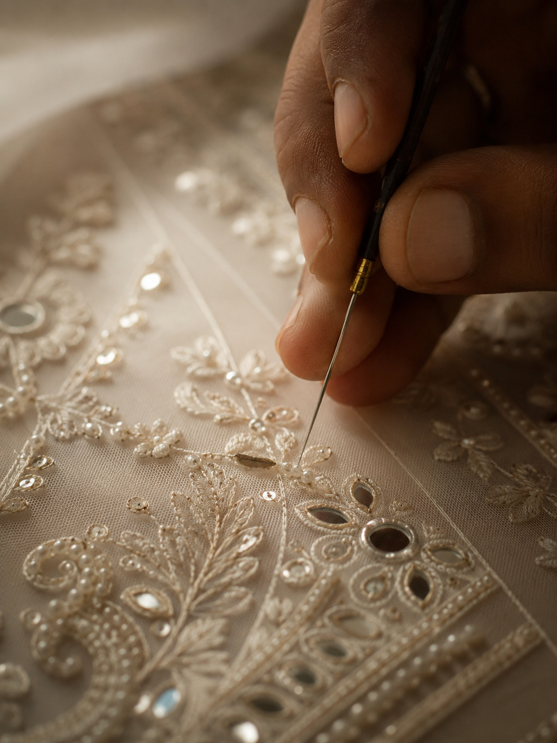 Hand embroidery process with a needle and thread on intricate fabric design.